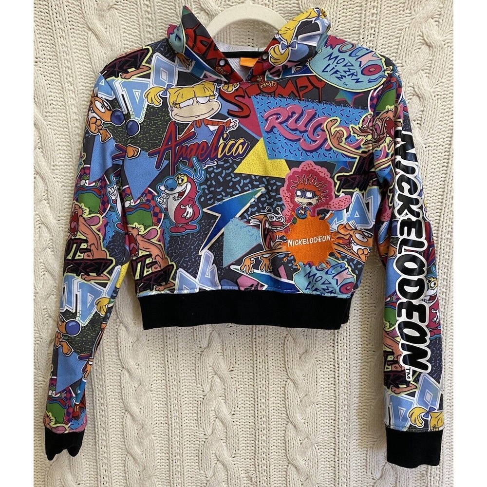 Nickelodeon Crop Hoodie 90's Rugrats S Allover Print Embroidery Sleeve‎ Logo